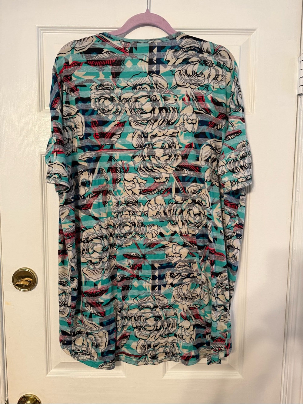 LuLaRoe Floral Stripe Short Sleeve Top - Teal, Blue, Cream - Picture 3 of 6
